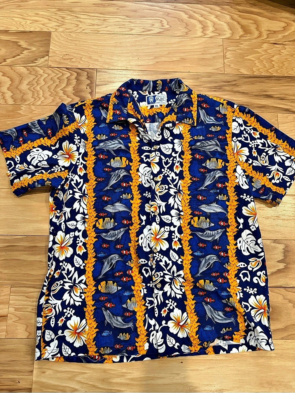 Vintage RJC Hawaiian Shirt Mens XL Blue Dolphin Fish Floral Aloha Cotton USA